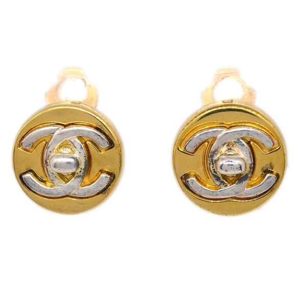 Chanel Turnlock Button Earrings Clip-On Gold Silver 97A 144348 - Picture 1 of 4